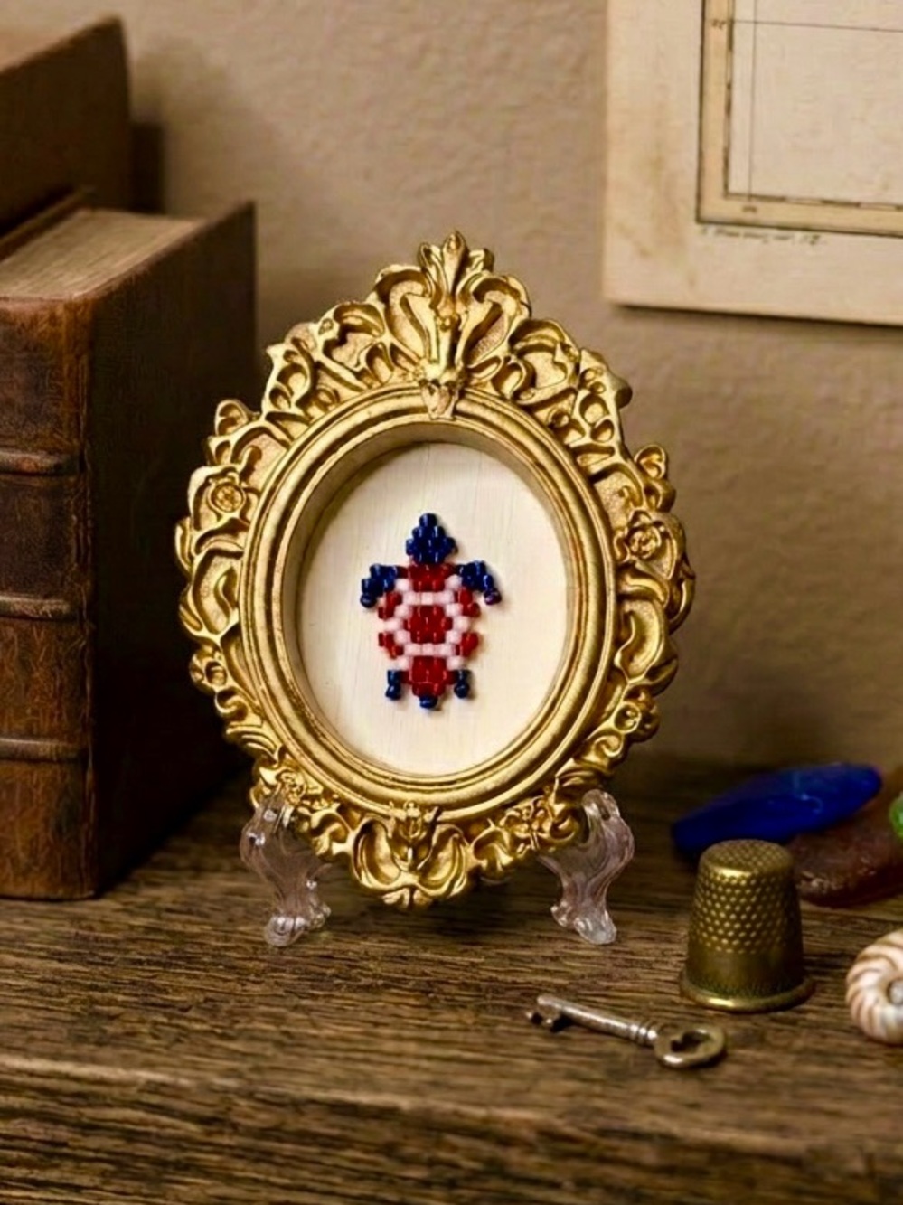 Mini Beaded Sea Turtle Art in Ornate Gold Frame - Picture 5 of 5